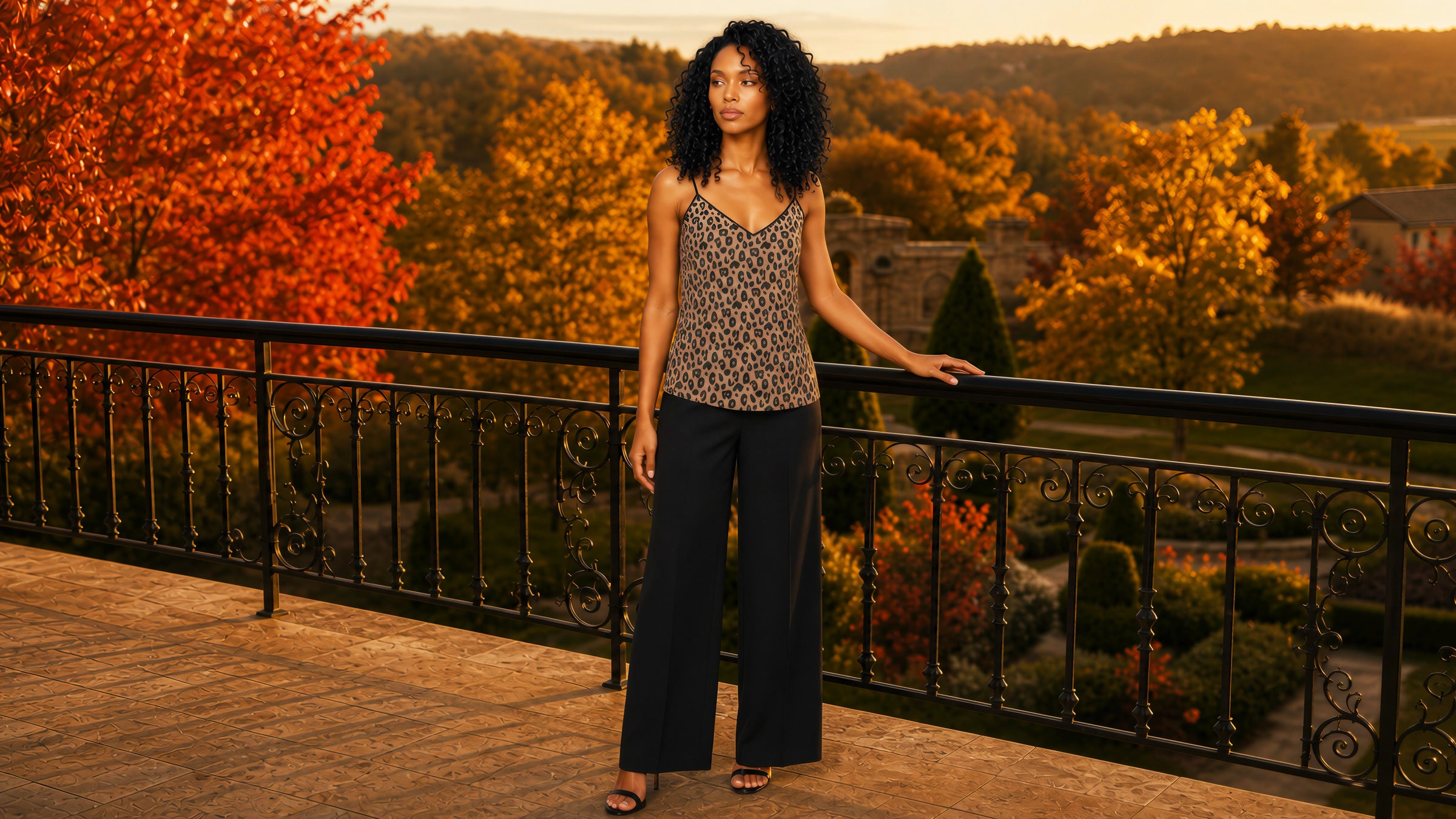 A woman stands on an outdoor balcony at sunset wearing a sleeveless Sahara leopard-print camisole and wide-leg black pants, with autumn trees and a distant house in the background.