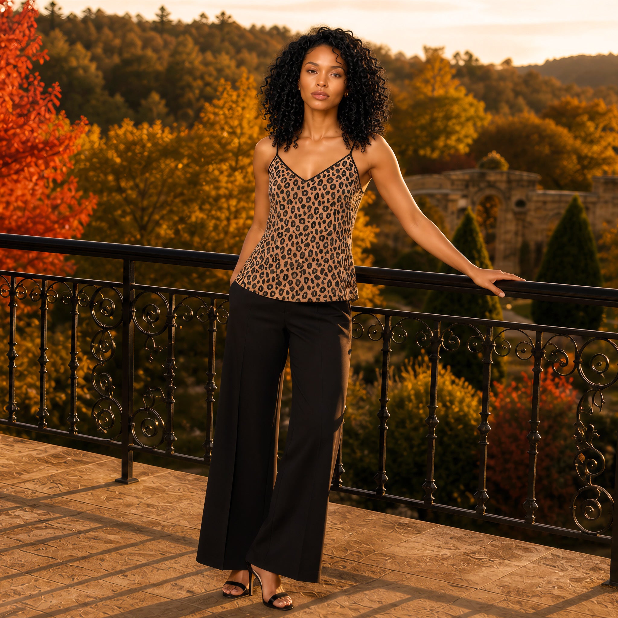 A woman stands on an outdoor stone terrace at sunset, wearing a Sahara Leopard-print camisole top and black wide-leg pants, with a black wrought-iron railing and autumn trees in the background.