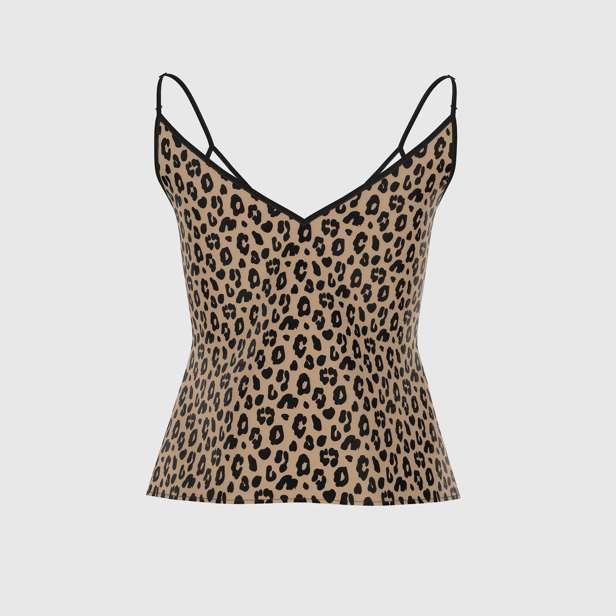 A ghosted back view of a Sahara leopard print camisole top with thin black spaghetti straps and black trim along the V-neckline, displayed against a solid light gray background.